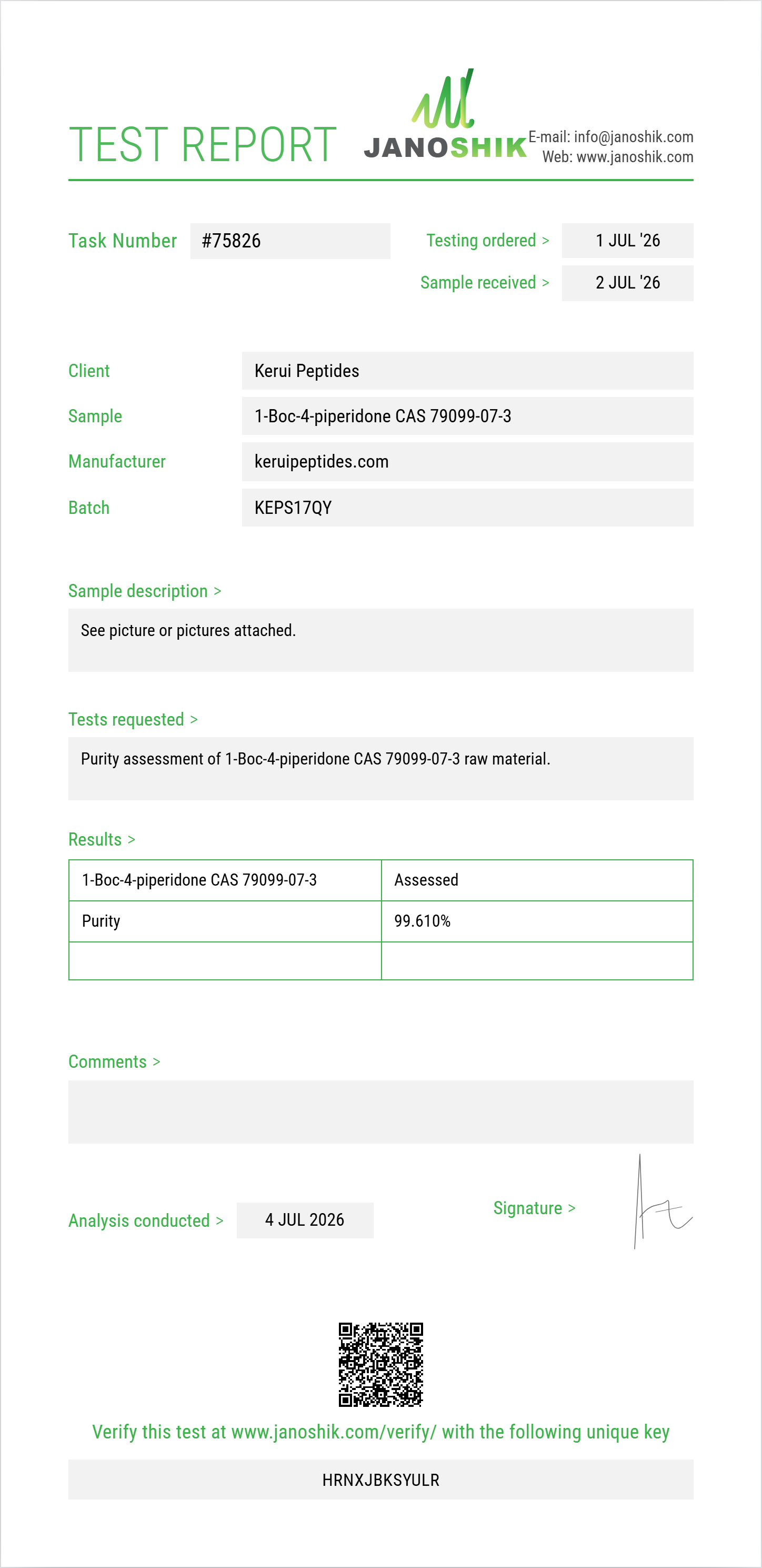 1-Boc-4-piperidone (tert-butyl 4-oxopiperidine-1-carboxylate) CAS 79099-07-3 Purity (HPLC) report by Janoshik Analytical