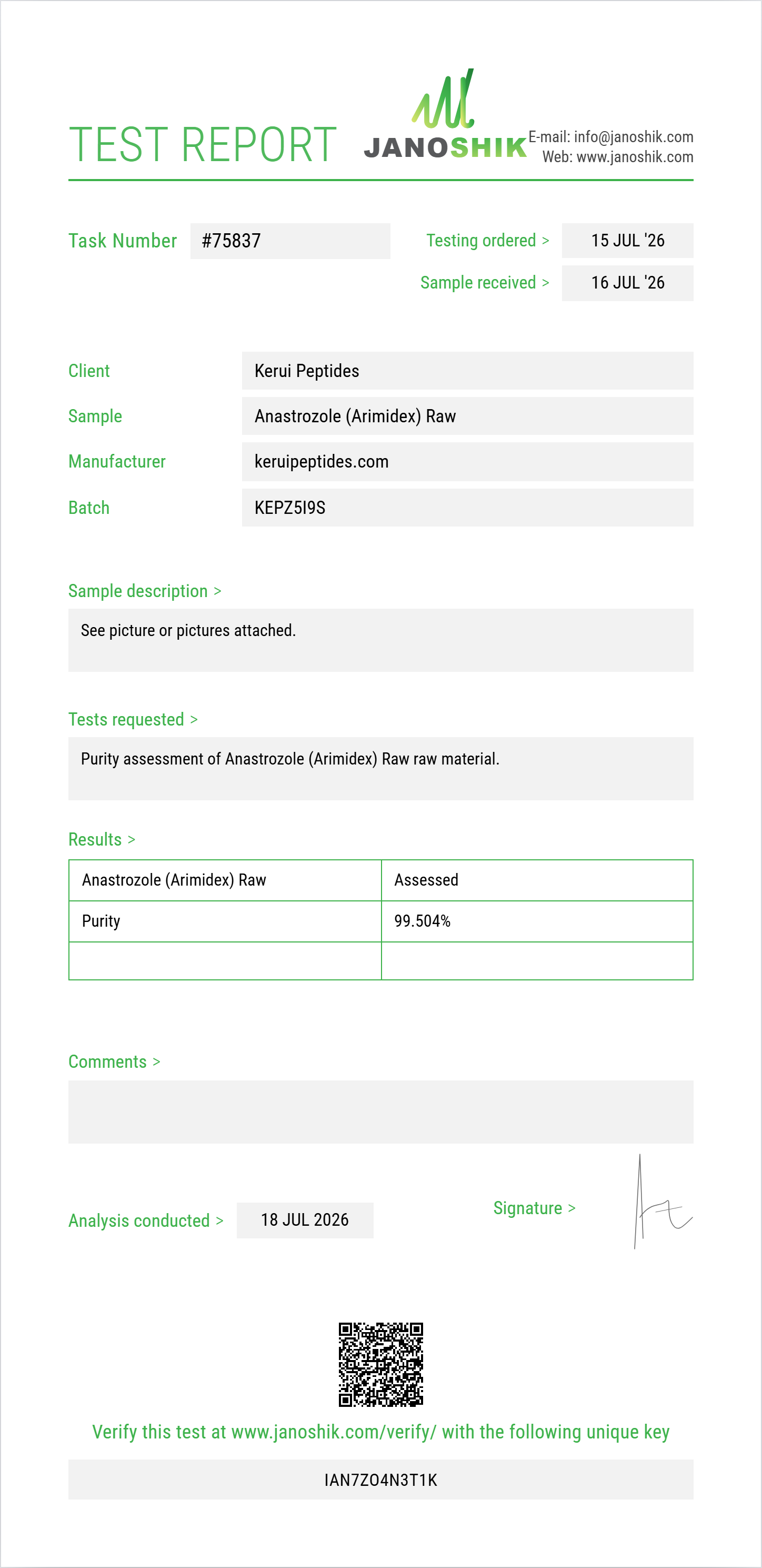 Anastrozole (Arimidex) Raw Purity (HPLC) report by Janoshik Analytical