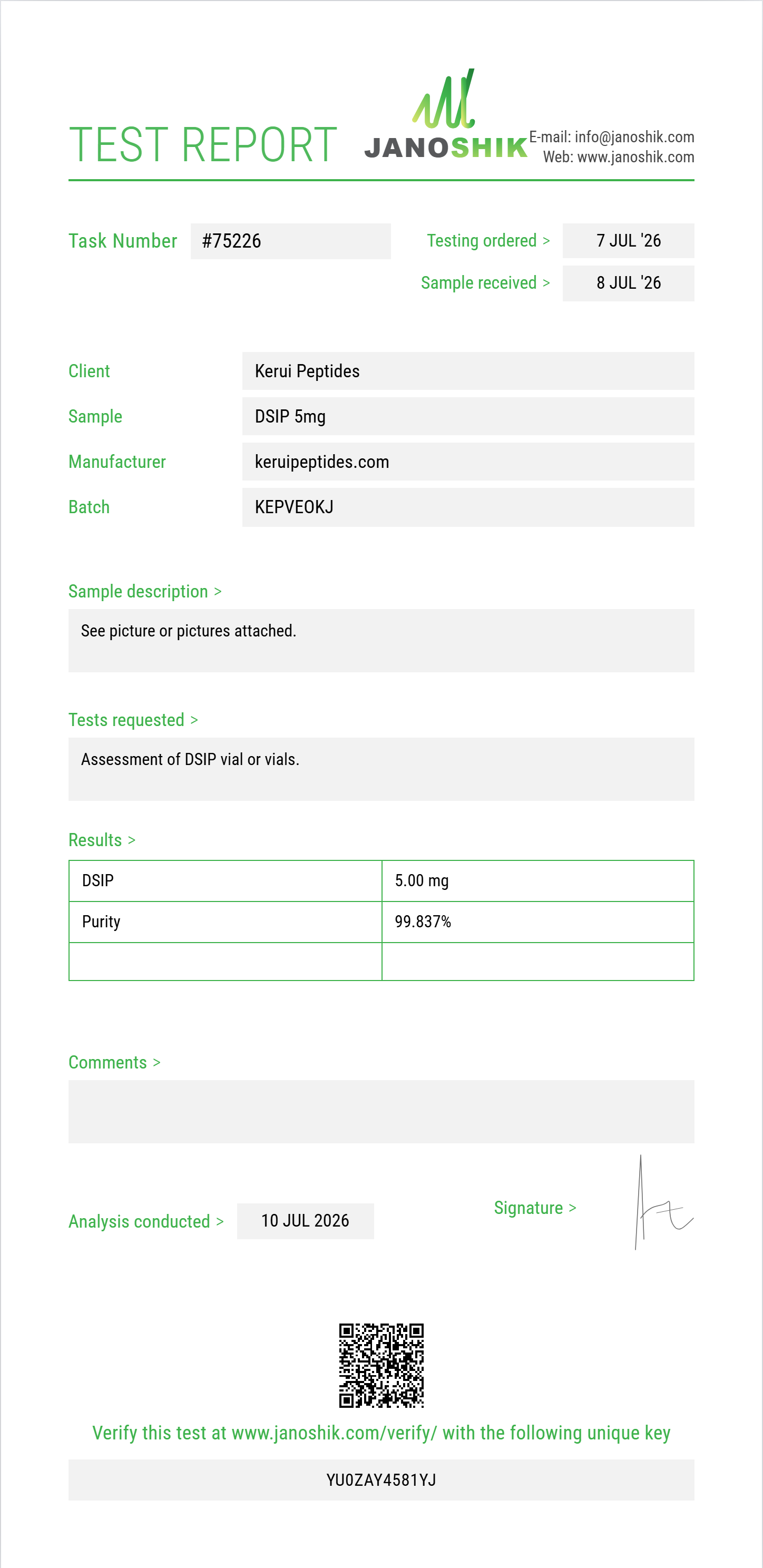 DSIP Purity (HPLC) report by Janoshik Analytical