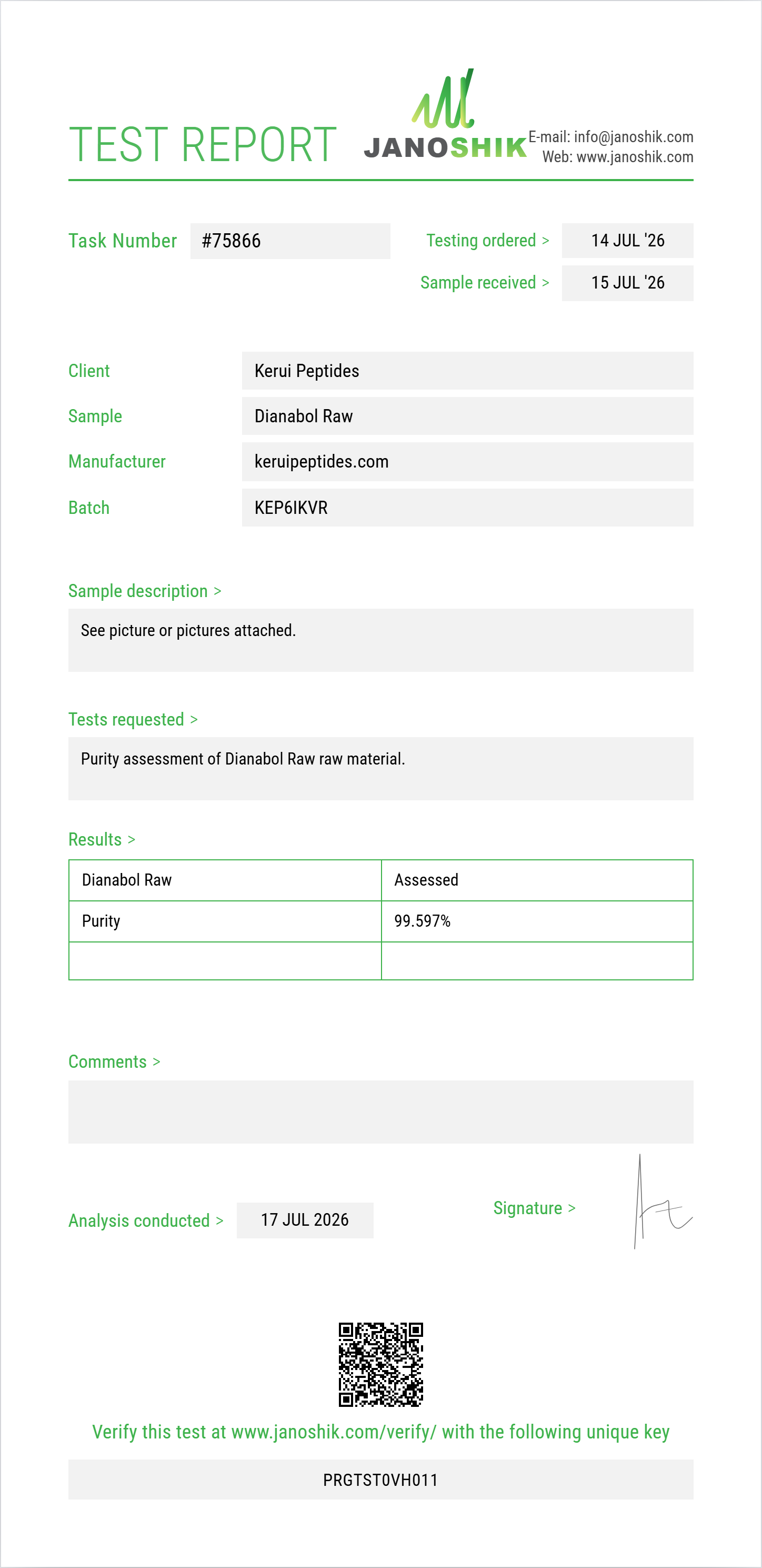 Dianabol Raw Purity (HPLC) report by Janoshik Analytical
