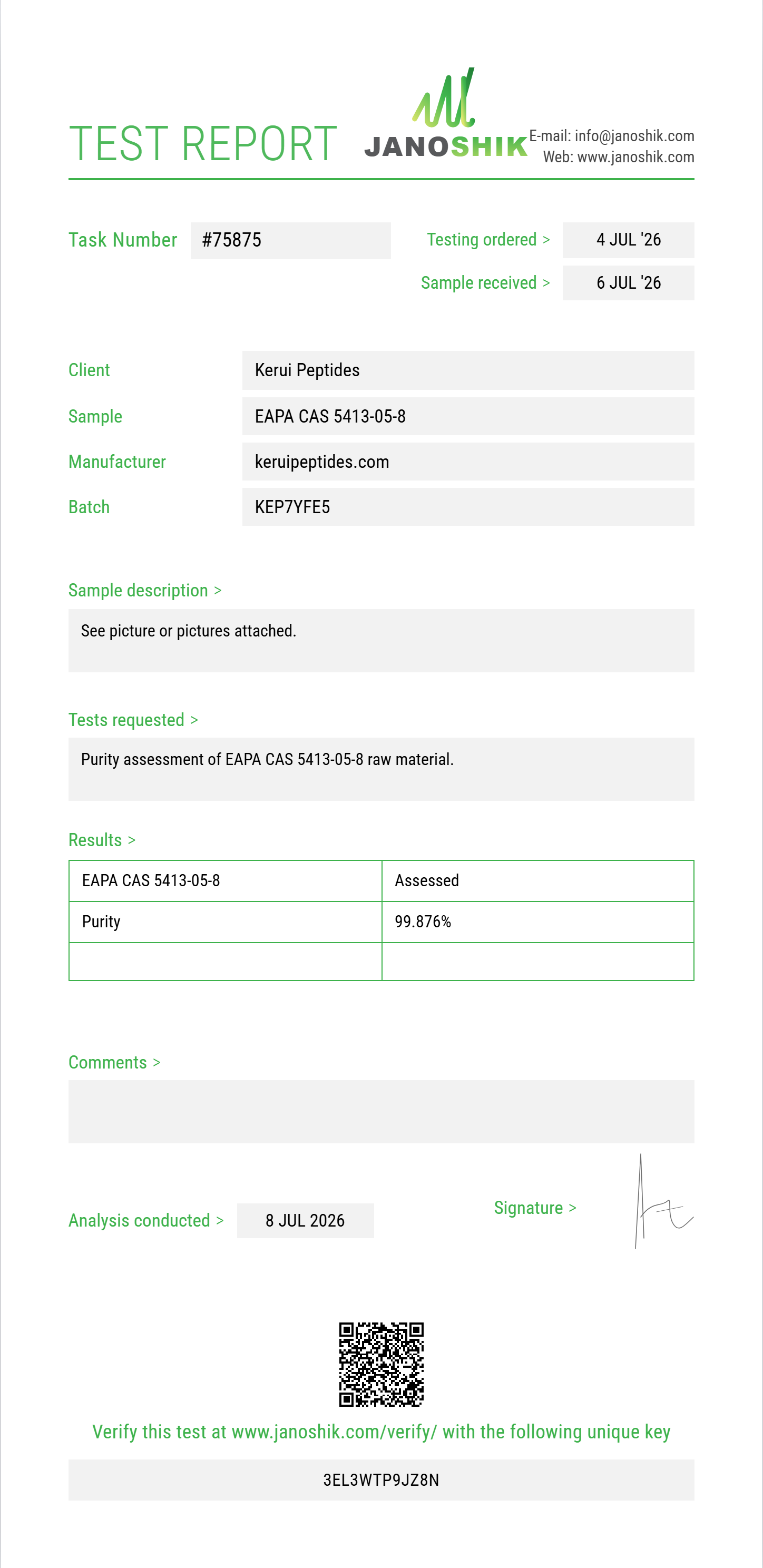 EAPA (ethyl alpha-phenylacetoacetate / ethyl 3-oxo-2-phenylbutanoate) CAS 5413-05-8 Purity (HPLC) report by Janoshik Analytical