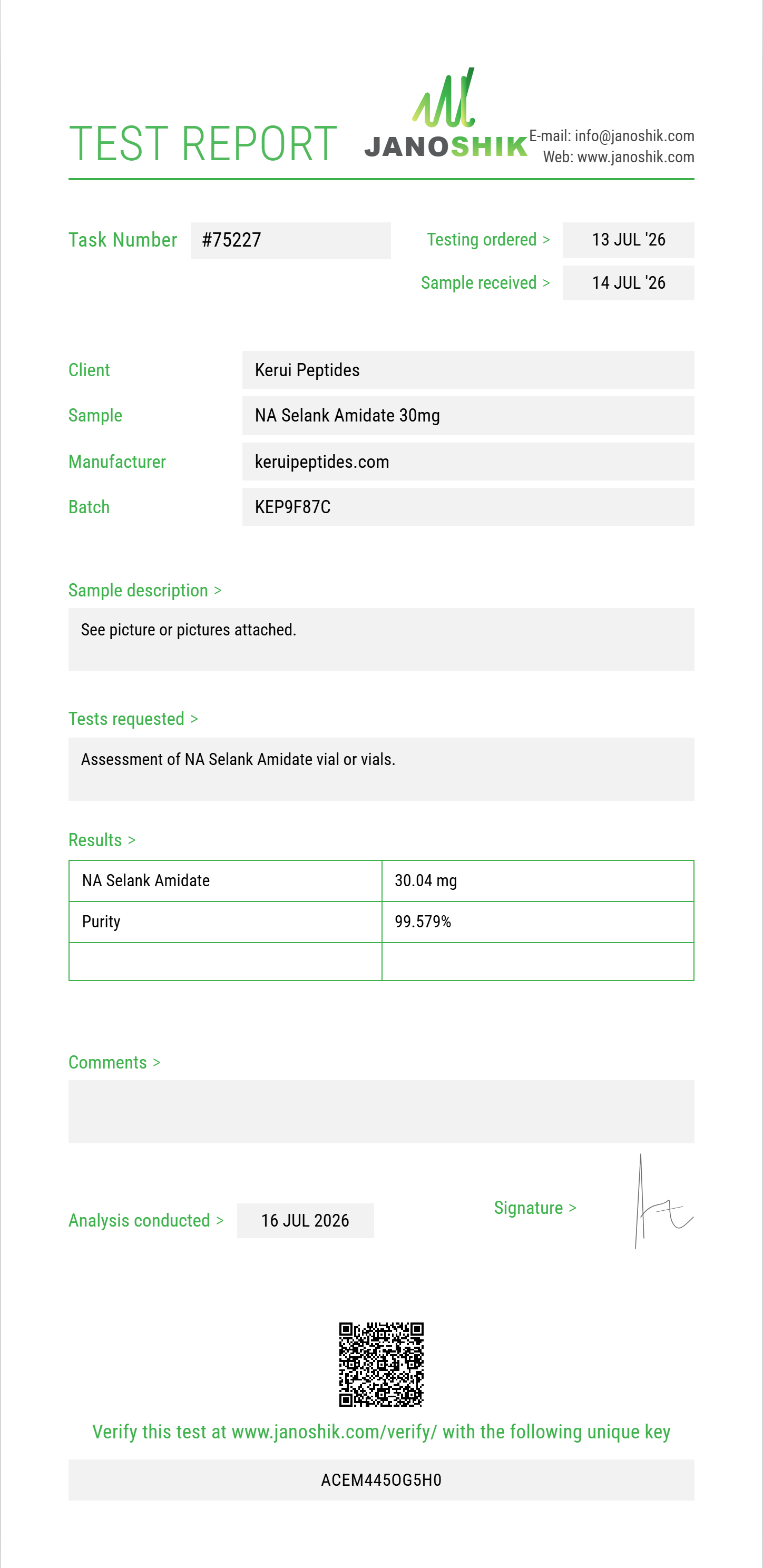 NA Selank Amidate Purity (HPLC) report by Janoshik Analytical