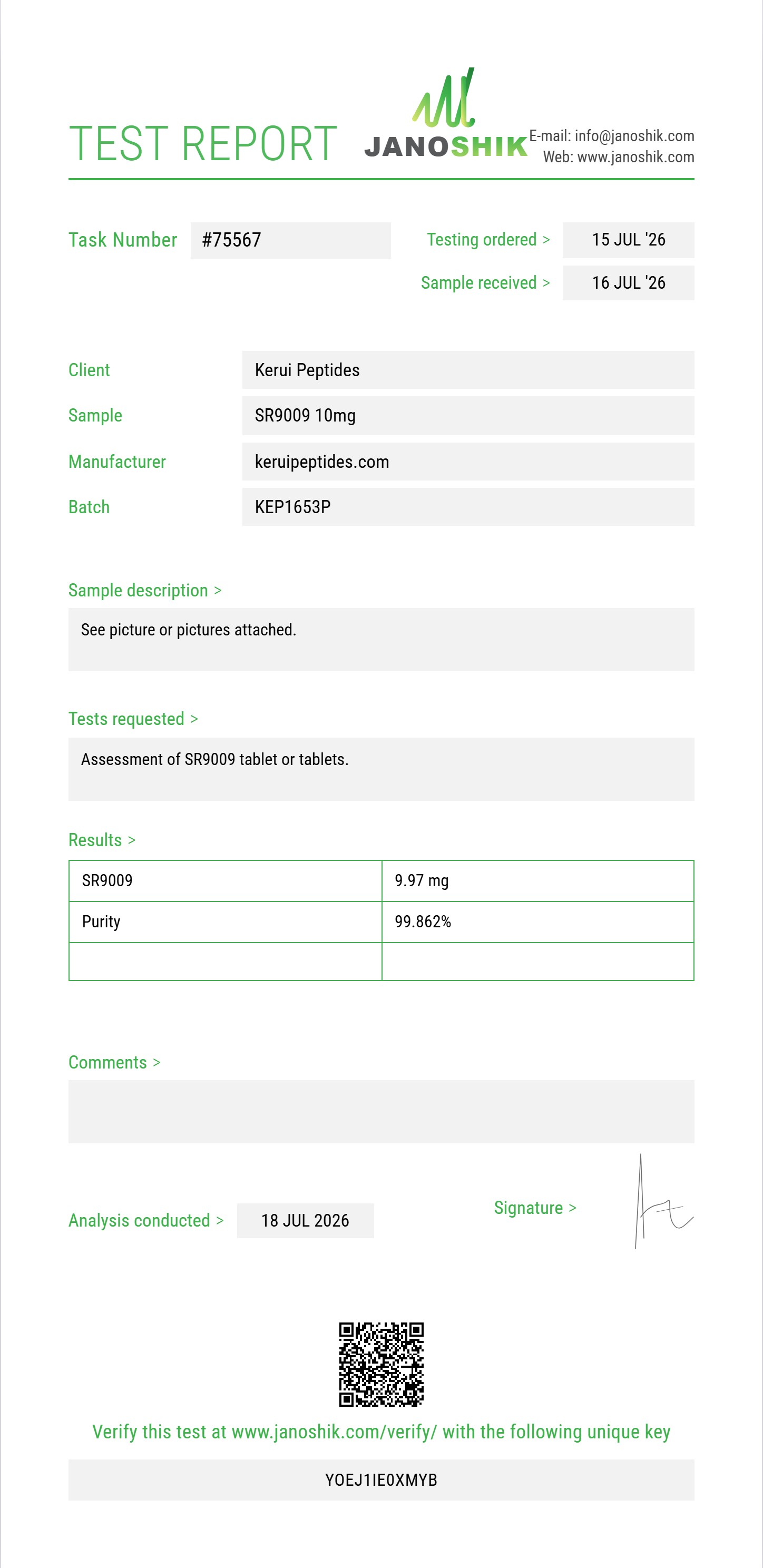 SR9009 Purity (HPLC) report by Janoshik Analytical