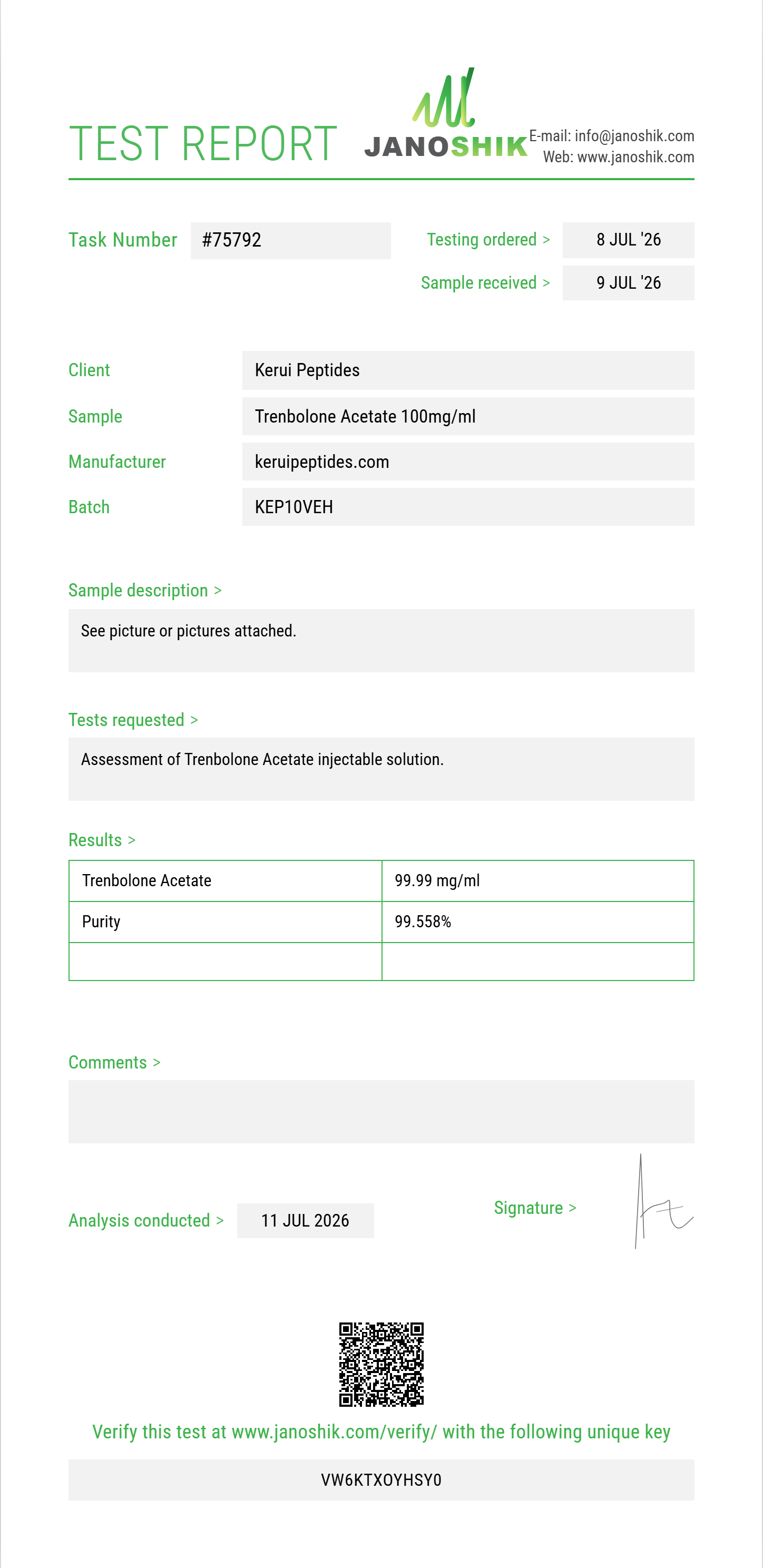 Trenbolone Acetate Purity (HPLC) report by Janoshik Analytical