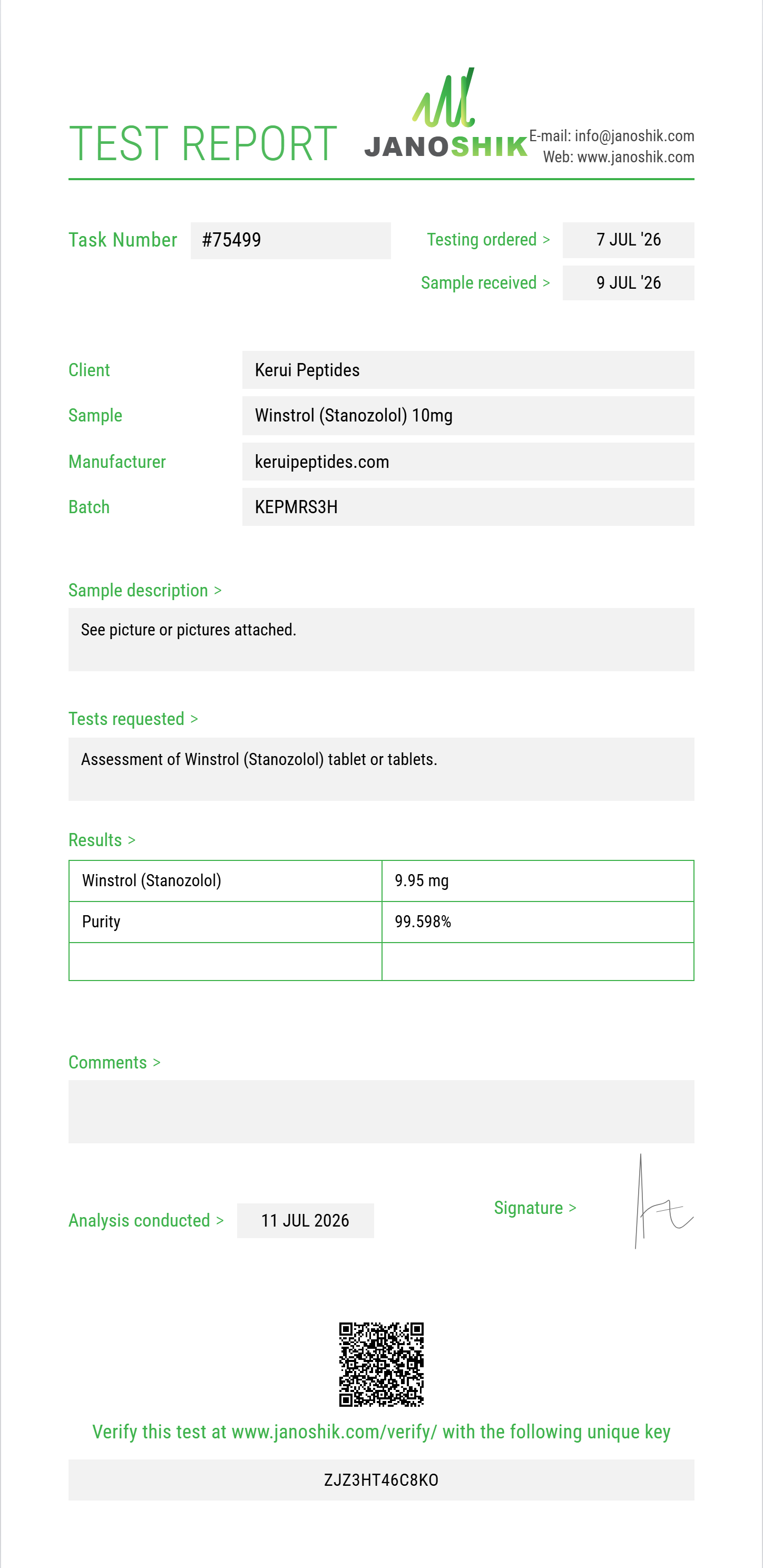 Winstrol (Stanozolol) Purity (HPLC) report by Janoshik Analytical