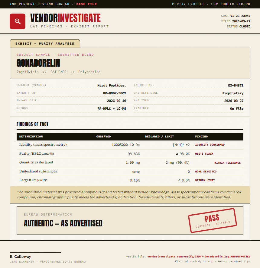 Gonadorelin Purity (HPLC) report by VendorInvestigate