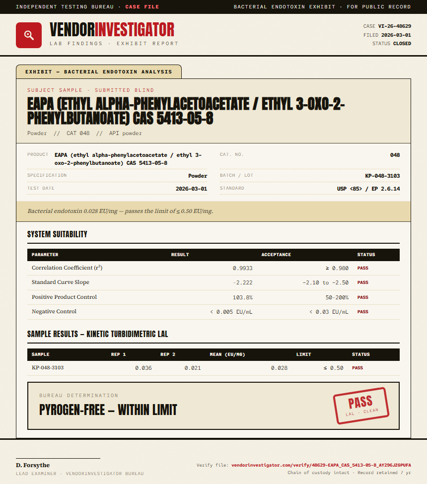 EAPA (ethyl alpha-phenylacetoacetate / ethyl 3-oxo-2-phenylbutanoate) CAS 5413-05-8 Endotoxin report by VendorInvestigator