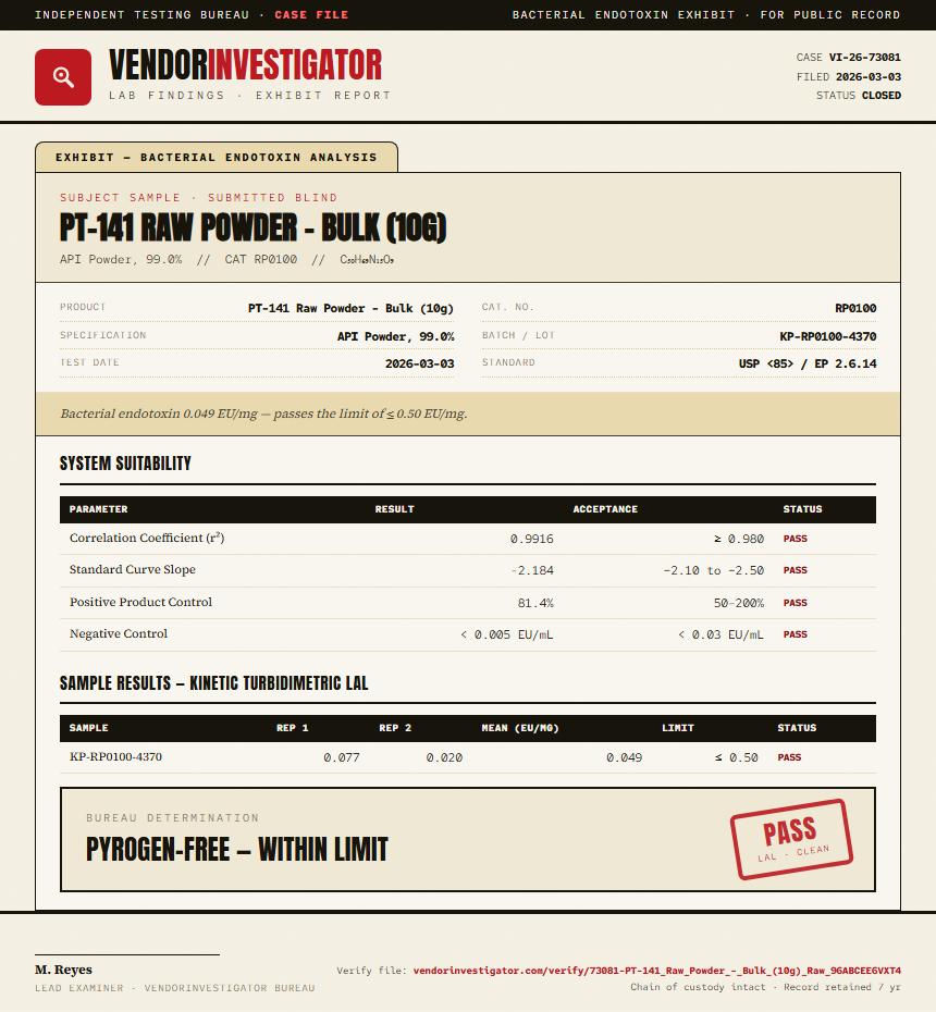 PT-141 Raw Powder - Bulk (10g) Endotoxin report by VendorInvestigator