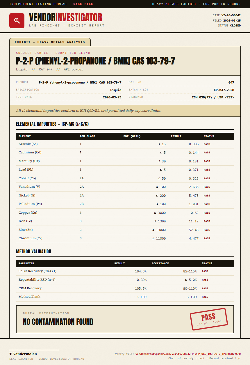 P-2-P (phenyl-2-propanone / BMK) CAS 103-79-7 Heavy Metals report by VendorInvestigator